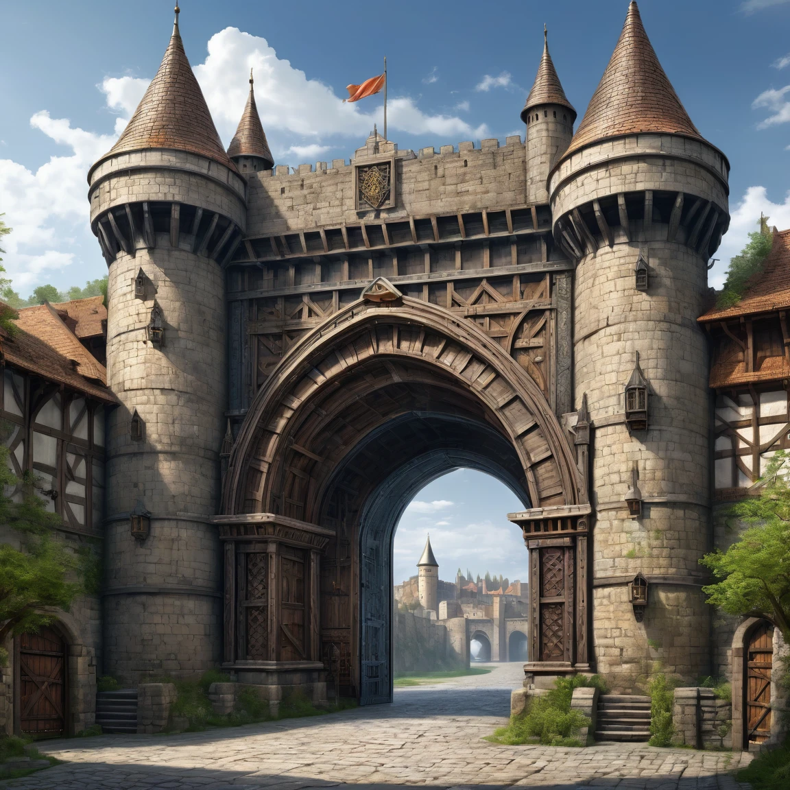 (best quality)), ((masterpiece)), ((realistic,digital art)), (super detailed), (gigantic gate of a fortified city), (medieval fantasy style), front view