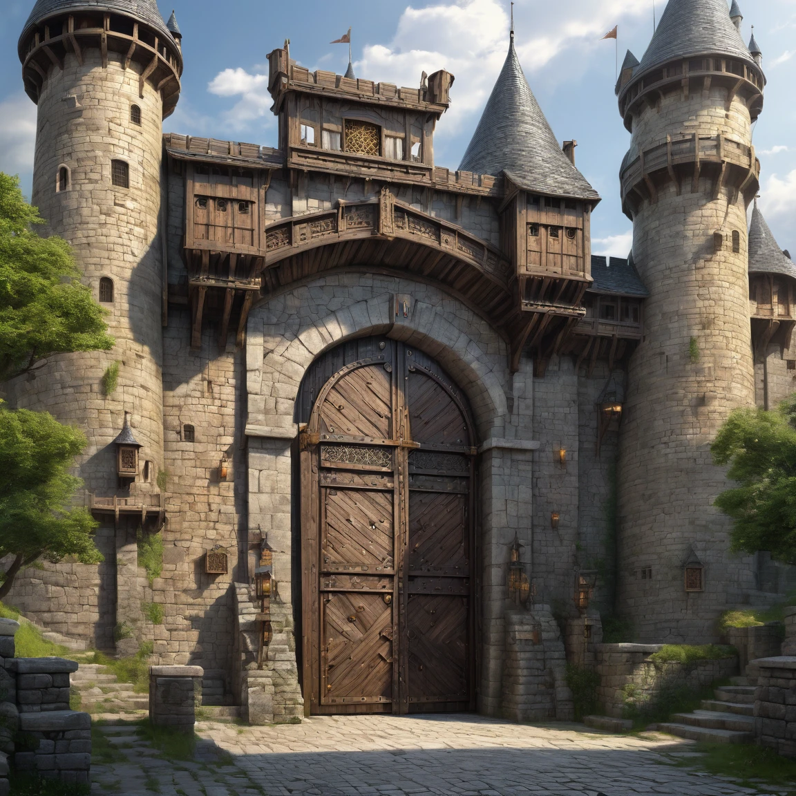 (best quality)), ((masterpiece)), ((realistic,digital art)), (super detailed), (gigantic gate of a fortified city), (medieval fantasy style), front view