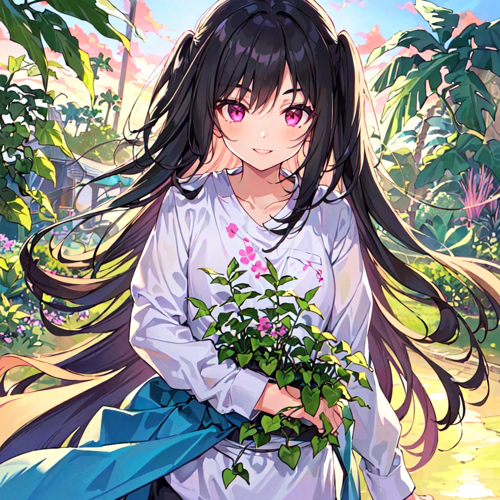 masterpiece, best quality, high quality, extremely detailed, very delicate and beautiful, (1 female 18 years old alone solo:1.2), (long black hair up to waist with two side up:1.4), bangs to eyebrows, eyes (eyes sharp, strong, glossy, glossy eyebrows), (eye color magenta:1.3), 6.5 head height, (houseplant print fashion:1.3), knee socks, (smiling), (standing), (dynamic pose), (botanical garden with lots of houseplants in background:1.5), (sunset:1.2), (upper body:1.3)