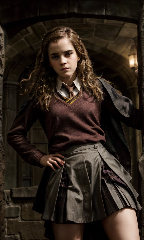 Emma Watson, Hermione Granger in Hogwarts, flyting with a witch bloom, student uniform, plissed grey skirt, upskirt, focus on eyes, expressive eyes, neckline, looking to the viewer, 