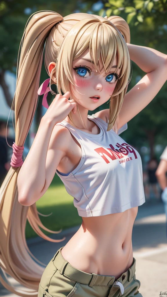 (best quality:1.1), (masterpiece:1.4), (absurdres:1.0),  portrait, close-up,
1 girl, ekaterina kurae, twintails, (low-tied_long_hair:1.2), hair ends, very long hair, blonde hair, flat chest, blue eyes, t-shirt, cargo pants, looking at viewer, outdoors, (blush:1.2), mall, (crowd:0.75), armpits, arms up,
