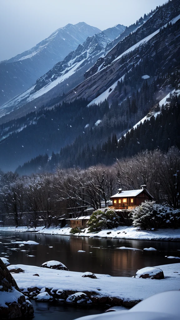 house in a mountain, river big, rocks with snow, sharp focus, insane detailed, 8k. 50-mm-lens