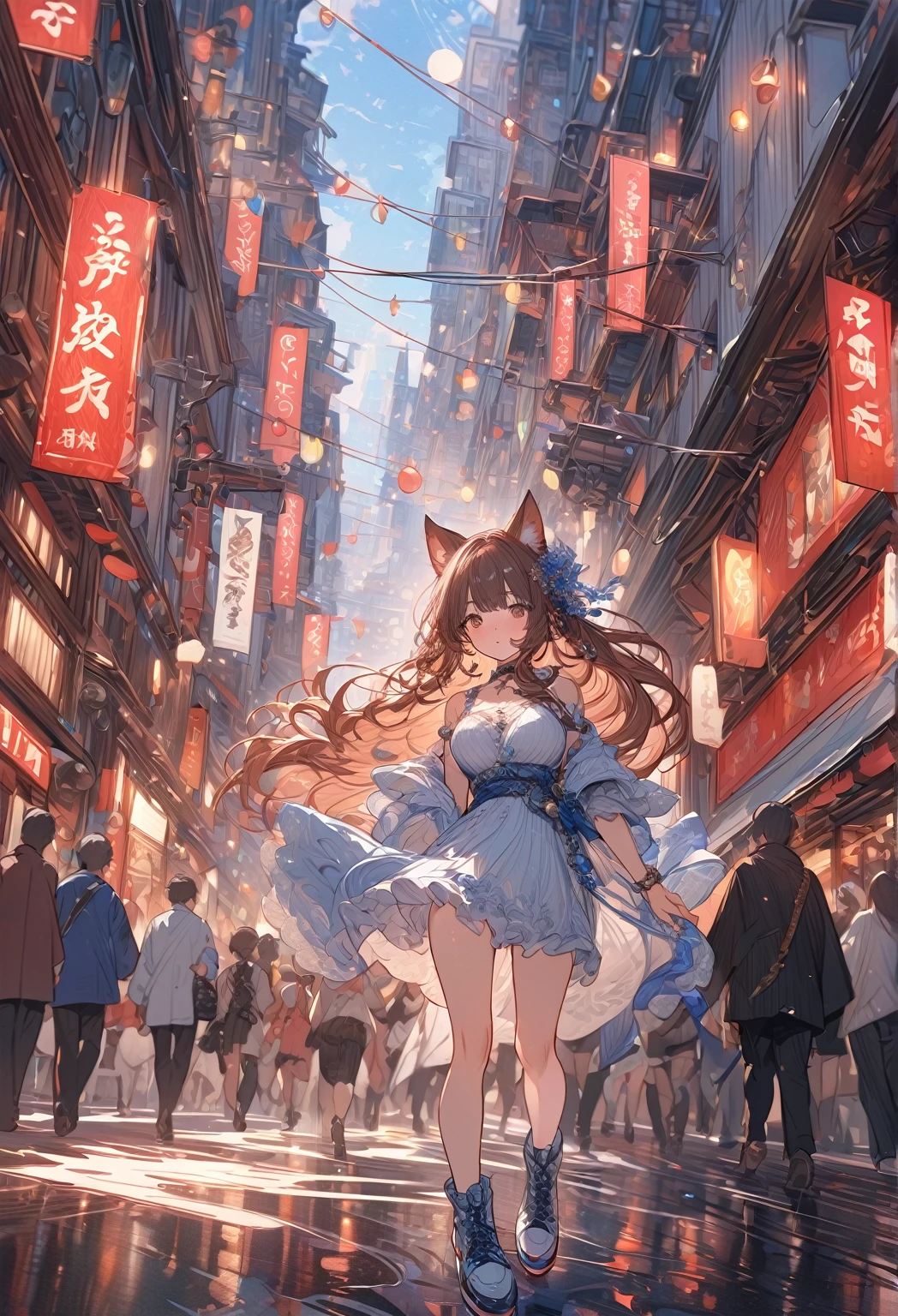 ((masterpiece:0), best quality, very aesthetic, newest, absurdres, detailed, high quality)
BREAK
highest quality, top quality, details, highres, ultra fine painting, digital art, official art, cinematic, 4k, 8k resolution, 8K CG wallpaper, CG, original artwork, detailed background, colorful background, blue atmosphere, High Dynamic Range, blurry background, blue hour, Starburst effects, crepuscular rays, good ISO, high resolution, wide shot, from far away, RAW photo, POV, sharp focus, light reflection, reflections, intricate details, soft light, particle noise, professional photography, bokeh, depth of field, natural lighting, vibrant colors, looking away, detailed lights and shadows, stylish, ultra-detailed, top rated on Pixiv, trending on Artstation, niji style, modern-days, master crafted, pose
BREAK
solo, 1girl, a girl, correct fingers, detailed hair, (medium big breasts:1.2), big thighs, short torso, short body, flushtered, blush, anxious expression, casual, slim, ((cute, childlike face):1.3), nice hips, nice body, brown hair, (long flowing hair:1.1), big 2 buns hairstyle, long bangs, long hair, middle hair bangs, brown eyes
BREAK
((colorful outfit), off shoulder crop top, short skirt, shoulder headset, jacket, cap, belts, straps, choker, casual hat, gloves, boots, stockings, garterbelt, accessories, outfit ornaments, sneakers, kemonomimi, tail, from above, (full body:1.3))
BREAK
a close up of a person walking down a street with a crowd of people, crowded street, crowded streets, in front of a large crowd, giant crowd, girl walking through city, people walking down a street