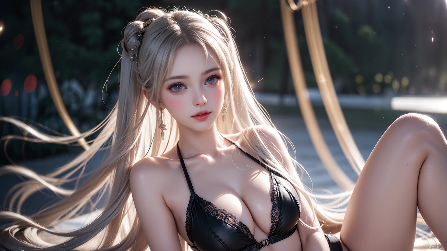 ((Girl sitting on the beach))、(One Girl),Top quality work、Actual work、Ultra Premium Graphics、8K HD CG WORKS、High Quality Graphics、High resolution CG work、10x pixels、Ultra-fine detail:1.1、High level of technical detail:1.1 Photorealistic、Natural light:1.5。Light effects(仮想Light effects:1.8)、長いSilver Hair、Silver Hair、Transparent hair、Hair with attention to detail(Premium Hair Detail:1.1)Clear Eyes、Beautiful double eyelids、シャープなeye make up、Delicate eyelash makeup、Thin eyebrows、Highly detailed eyes、High nose、Nice red lips、Rosy Cheeks、Subtle makeup face、Cute face、Perfect proportions、(Advanced Facial Detail:1.1)、One Girl、Like a fairy in a painting、slim and sexy legs、Beautiful delicate beautiful face、Intricate jade carvings、Shows patience and wisdom。the nose is straight,Cherry Lip Color、Her face is clear,Her skin is as white as jade、Gives a healthy glow,Her makeup is light and subtle,Not too decorative,A light-toned foundation enhances the clarity of your skin.,eye make up:Eyeshadow and eyeliner,Her eyes are bright and cheerful、Adds a touch of glamour and sophistication、(Beautiful girl model)、((Sexy little black lace swimsuit))、Her hair is casually tied back、Fixed with hosta,A few strands of hair fluttering in the wind,