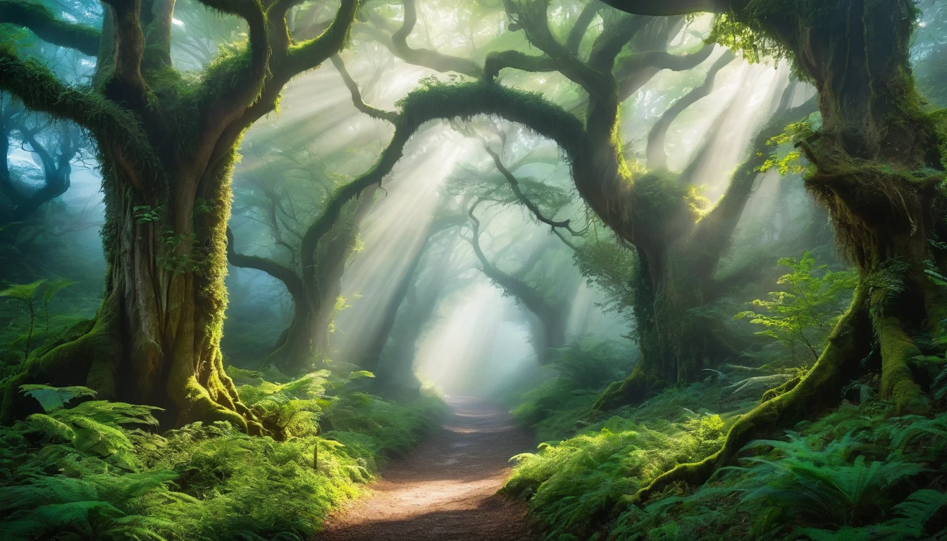 Craft a mystical forest with ancient trees, misty pathways, and a hint of magical light filtering through the canopy.