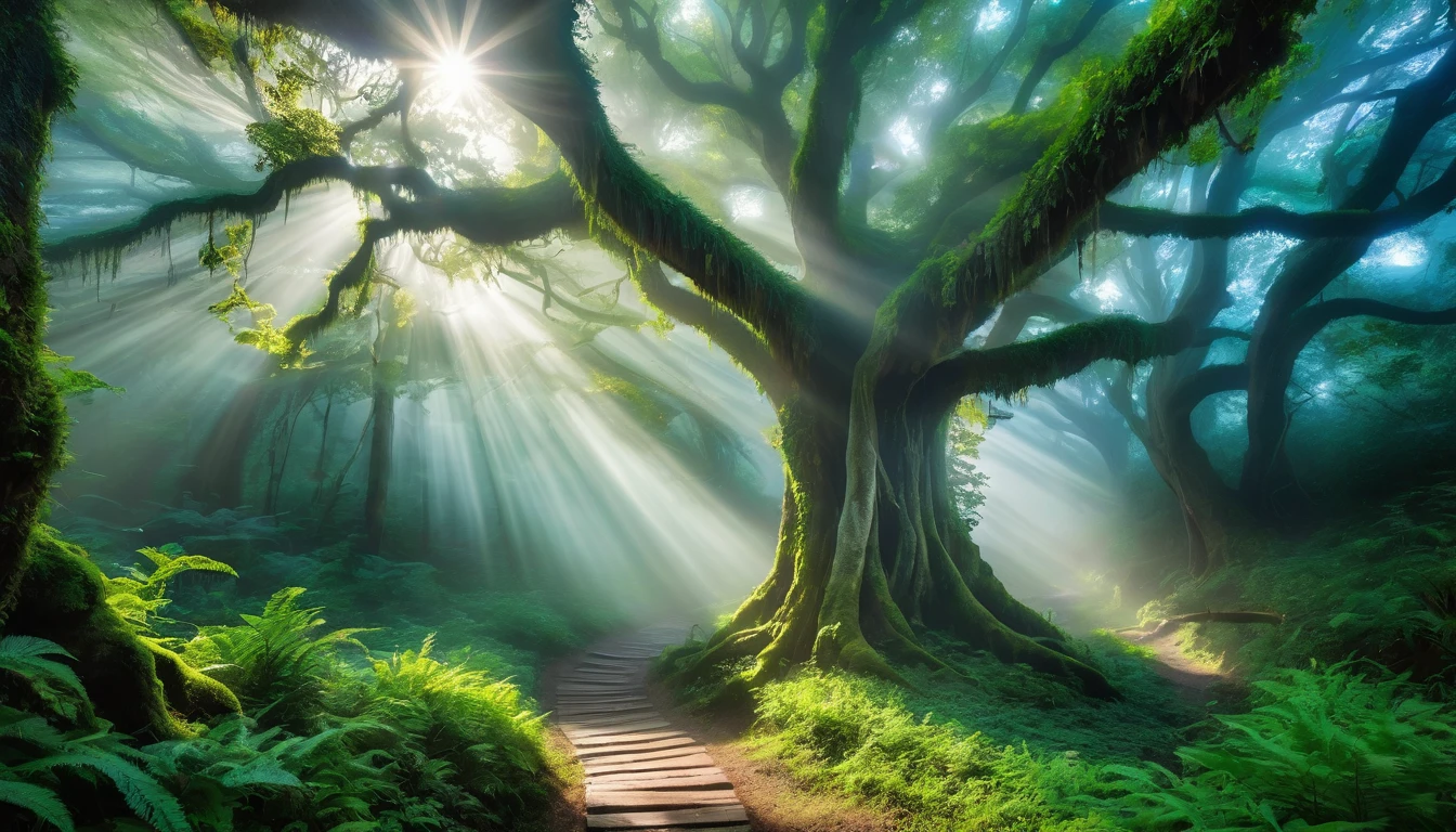 Craft a mystical forest with ancient trees, misty pathways, and a hint of magical light filtering through the canopy.