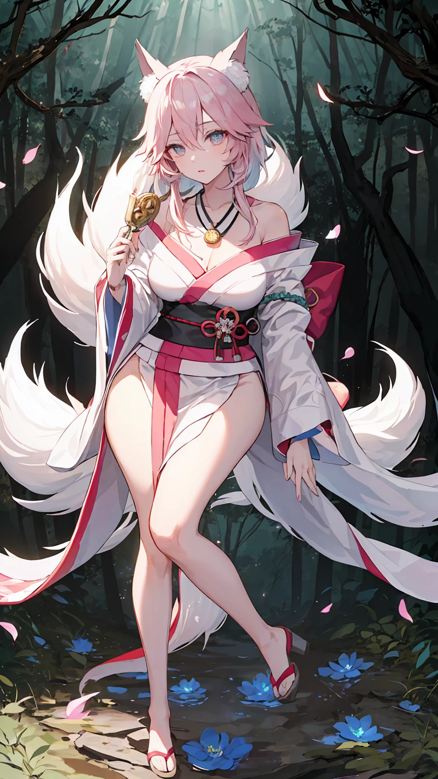 Curvy white haired 9 tailed kitsune wearing fur lined robe and cherry blossom kimono, wearing thigh high fishnets (ALONE)(SOLO), alone, solo