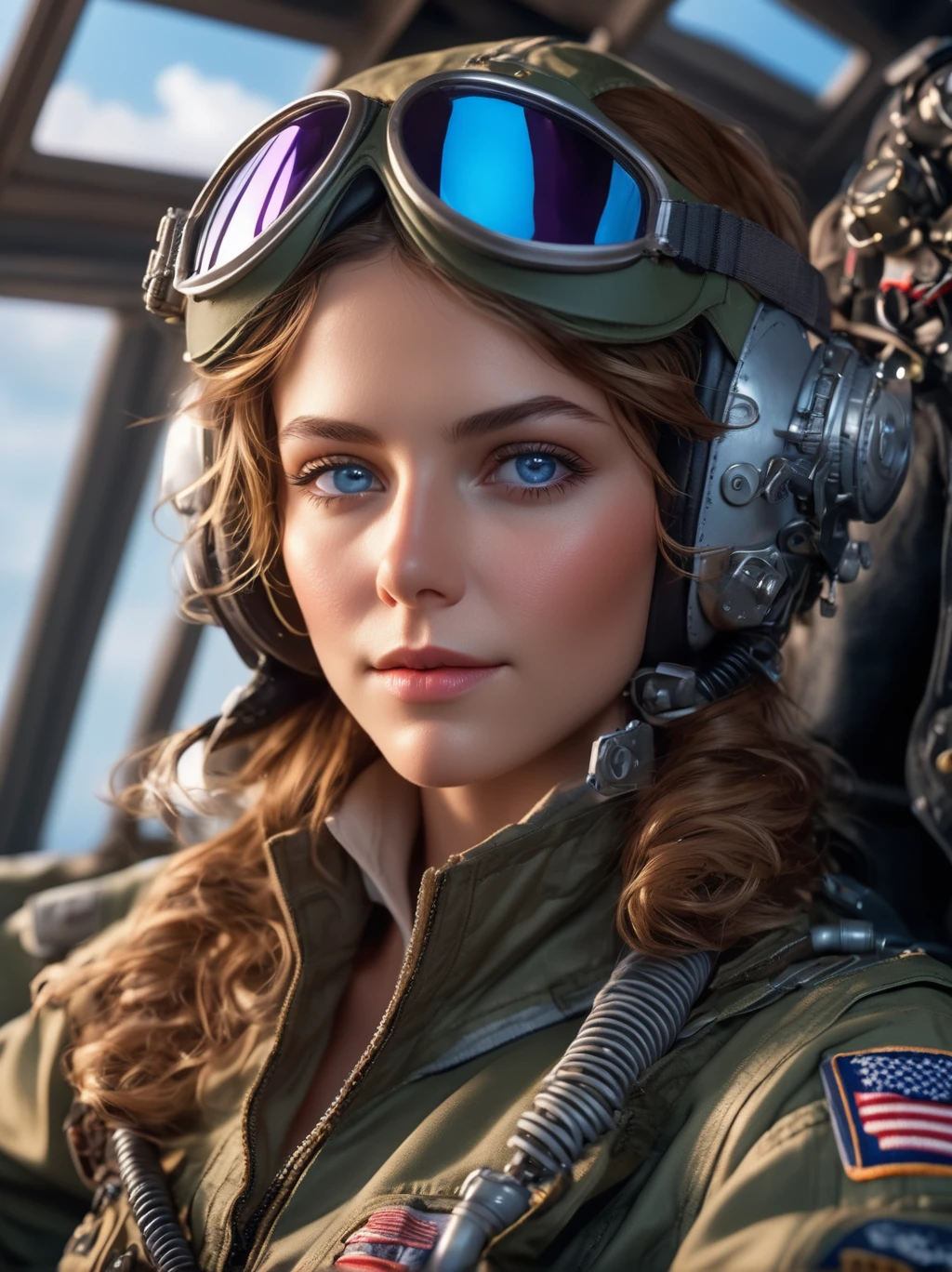 photographic, realist, realism, cinematic photo, 
k, UHD, detailed background, violet_eternal garden, high resolution, the highest quality,illustration, cinematic light, ultra detailed, detailed face, (detailed eyes), Best Quality, hyper detailed, (detailed face), Blue eyes, higher details, luminous eyes, small breasts, backlighting, Light rays, (showy), cord, Tie Hair, Hair_Love, Garland on the head, windy, the most beautiful image ever seen, technique highly detailed, detailed face, Female fighter pilot sitting in the cockpit (F14, airplane joystick, full of buttons, screens, detailed), Fighter pilot wearing a flight suit., Wear flight helmet and goggles, The photo is taken from above the cabin at a short distance., Shot from above the cabin at close range, look at the viewer, Leica camera style,
35mm photography, Movie, bokeh, awarded, professional, highly detailed, 4k, highly detailed