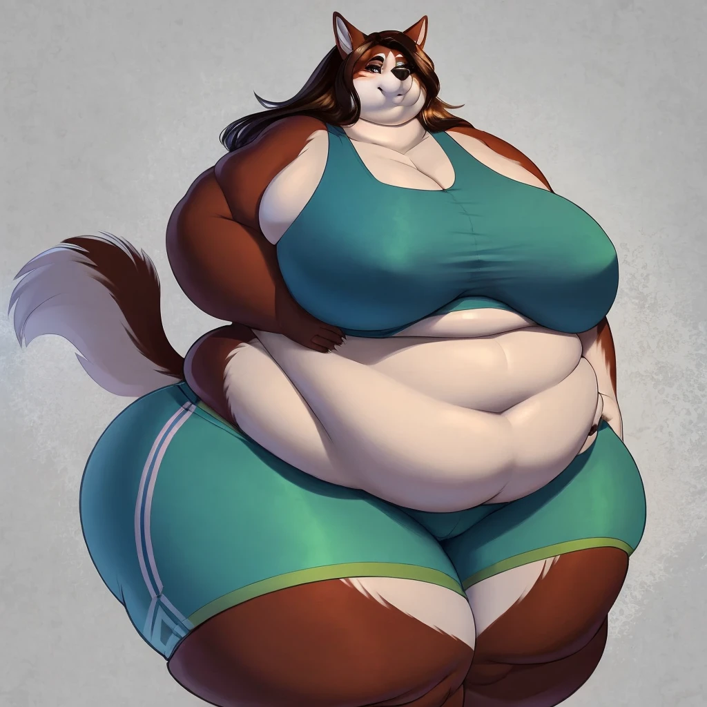 Malamute, female, long hair, gorgeous, beautiful, eyelashes, voluptuous, plump, belly rolls, fat arms, fat legs, ,tank top, shorts ,huge saggy breasts , ,cute,fringe on eye,heavy top, huge hips huge thighs heavy bottom ,sports bra,sports shorts, simple background , morbidly obese, belly rolls, fat rolls, belly rolls,belly overhang