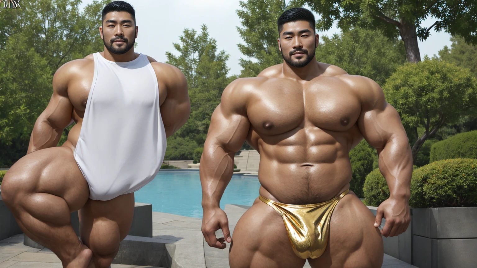 A handsome Asian actor,30 years old,Tall and handsome, Toned body,short hair, O-Shaped Beard,Perfect body, Dark and shiny skin,Smooth skin,The body is hairless,Muscle bulge, Muscular, Very large pectoral muscles,Very sexy abdominal muscles,Very well-developed leg muscles,Huge concave and convex area,Brightens oily skin,Wearing a gold leather shiny thong,Handsome face, Correct and accurate male body proportions, Ultra-high-definition 4K picture quality。