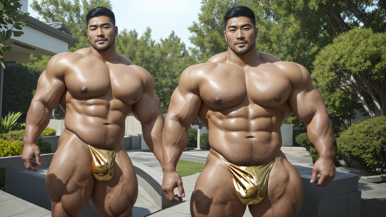 A handsome Asian actor,30 years old,Tall and handsome, Toned body,short hair, O-Shaped Beard,Perfect body, Dark and shiny skin,Smooth skin,The body is hairless,Muscle bulge, Muscular, Very large pectoral muscles,Very sexy abdominal muscles,Very well-developed leg muscles,Huge concave and convex area,Brightens oily skin,Wearing a gold leather shiny thong,Handsome face, Correct and accurate male body proportions, Ultra-high-definition 4K picture quality。