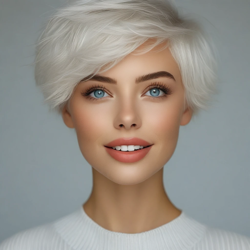 bellissima 1girl, solo, looking at viewer, short hair, open mouth, blue eyes, simple background, white hair, teeth, grey background, lips, eyelashes, portrait, close-up, realistic, nose
