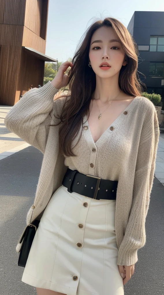 (Best quality, High resolution, Masterpiece :1.3), A tall and pretty woman, Slender abs, Dark brown hair styled in loose waves, Breasts, Wearing pendant, White button up shirt, Belt, Black skirt, (Modern architecture in background), Details exquisitely rendered in the face and skin texture, Detailed eyes, Double eyelid