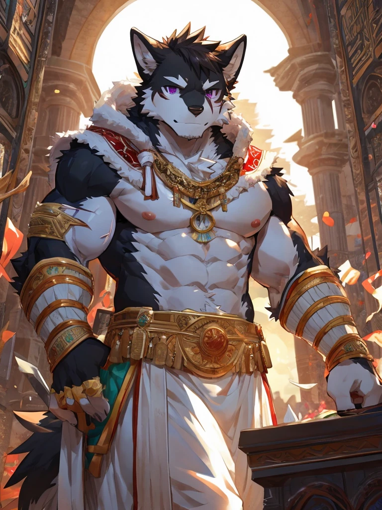 embedding:black wolf, male,purple eyes,Scar on the face, scar on the body,Single person,The fur on the chest and abdomen is white.Toga,Costumes of ancient Greece,White clothes,sacred,Expressions and movements full of divinity,A serious expression,The highest quality of scene detail,adult,Tall and powerful,muscle,Best quality hands, best quality eye,detailed fur,Delicate eyes.Extreme picture quality,by sollyz,by zixiong,by milkytiger1145