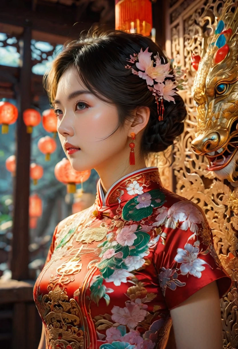Cheongsam, by Studio Ghibli, RAW photo, 35mm photograph, bokeh, best quality, masterpiece, very aesthetic, perfect composition, intricate details, ultra-detailed