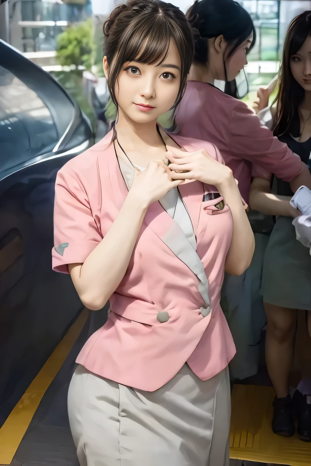 (masterpiece:1.2, Highest quality:1.2), 32k HDR, High resolution, (alone、1 girl)、 (Height: 160cm)、（On the rooftop of a building in the daytime、Professional Lighting）、Building rooftop background、（Nankai train crew uniform pinkを着たリアルスタイル）、（Nankai train crew uniform pink short sleeve collarless pink jacket、Nankai Train Crew Uniform Pink Collarless Short Sleeve Blouse、Nankai Train Crew Uniform Pink Grey Knee-length Culottes）、（The pink jacket is showing from the culottes.）、Dark brown hair、（Hair tied up、Hair tied up、Evening curly hairstyle）、Dark brown hair、Long Shot、Big Breasts、Thin legs、（（Great hands：2.0）），（（Harmonious body proportions：1.5）），（（Normal limbs：2.0）），（（Normal finger：2.0）），（（Delicate eyes：2.0）），（（Normal eyes：2.0））)、smile、（Nankai Train Crew Uniform Pink Grey Knee-length Culottesを見せた美しい歩く姿）、Place your hands around your stomach、Lanyard employee ID card