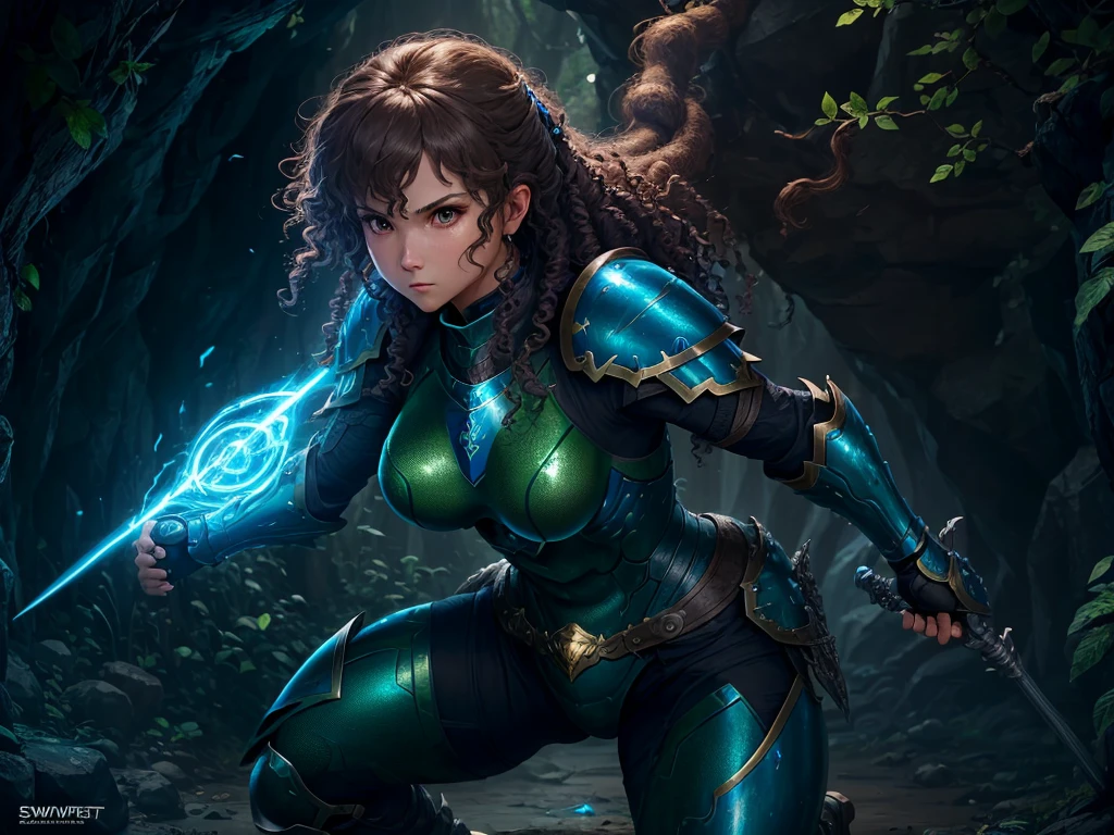 , Armored Female Knight, (Swift :1.2),cave,Blue Thunder Armor,Blue fluffy curly hair,Fighting Stance,Shooting style,complex,Studio Lighting, masterpiece, The most wonderful details, 8K, Ultra HD, Human Development Report, Poison Ivy and Moss