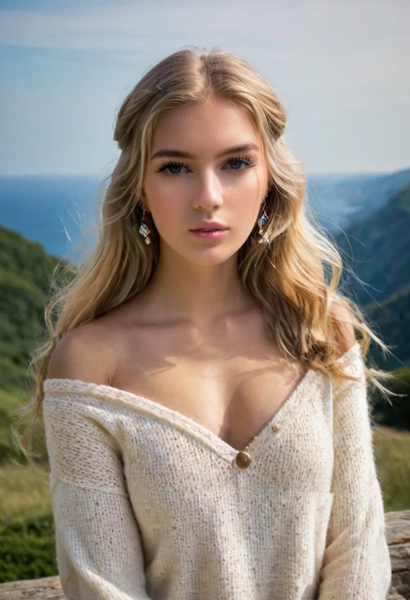 1 girl in, 19 years, only, wide, colossal , look at the viewer, by rubio, Brown eyes, jewelry, whole body, collar, off the shoulders, Sweaters, realistic, journey ,Capture this image with high resolution photography using a 100mm lens for a flattering perspective.. photo taken from the side or in profile: unclothed