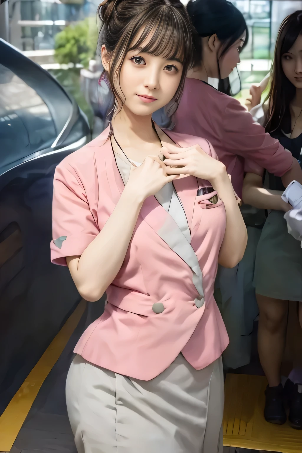 (masterpiece:1.2, Highest quality:1.2), 32k HDR, High resolution, (alone、1 girl)、 (Height: 160cm)、(On the rooftop of a building in the daytime、Professional Lighting)、Building rooftop background、(Nankai train crew uniform pinkを着たリアルスタイル)、(Nankai train crew uniform pink short sleeve collarless pink jacket、Nankai Train Crew Uniform Pink Collarless Short Sleeve Blouse、Nankai Train Crew Uniform Pink Grey Knee-length Culottes)、(The pink jacket is showing from the culottes.)、Dark brown hair、(Hair tied up、Hair tied up、Evening curly hairstyle)、Dark brown hair、Long Shot、Big Breasts、Thin legs、((Great hands:2.0)),((Harmonious body proportions:1.5)),((Normal limbs:2.0)),((Normal finger:2.0)),((Delicate eyes:2.0)),((Normal eyes:2.0)))、smile、(Nankai Train Crew Uniform Pink Grey Knee-length Culottesを見せた美しい歩く姿)、Place your hands around your stomach、Lanyard employee ID card