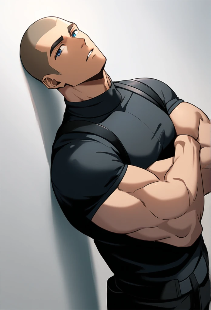 1boy, male focus, head against the wall, facing, head thrown back, muscular male, muscular, bara, defined abs, upper body, solo, crossed arms, serious, very short hair, buzzcut, stubble, light brown hair, clear blue eyes, parted lips, black turtleneck outfit, black cargo pants, bottom-up view camera, white background, simple background, best quality, amazing quality, best aesthetic, absurdres, year 2023