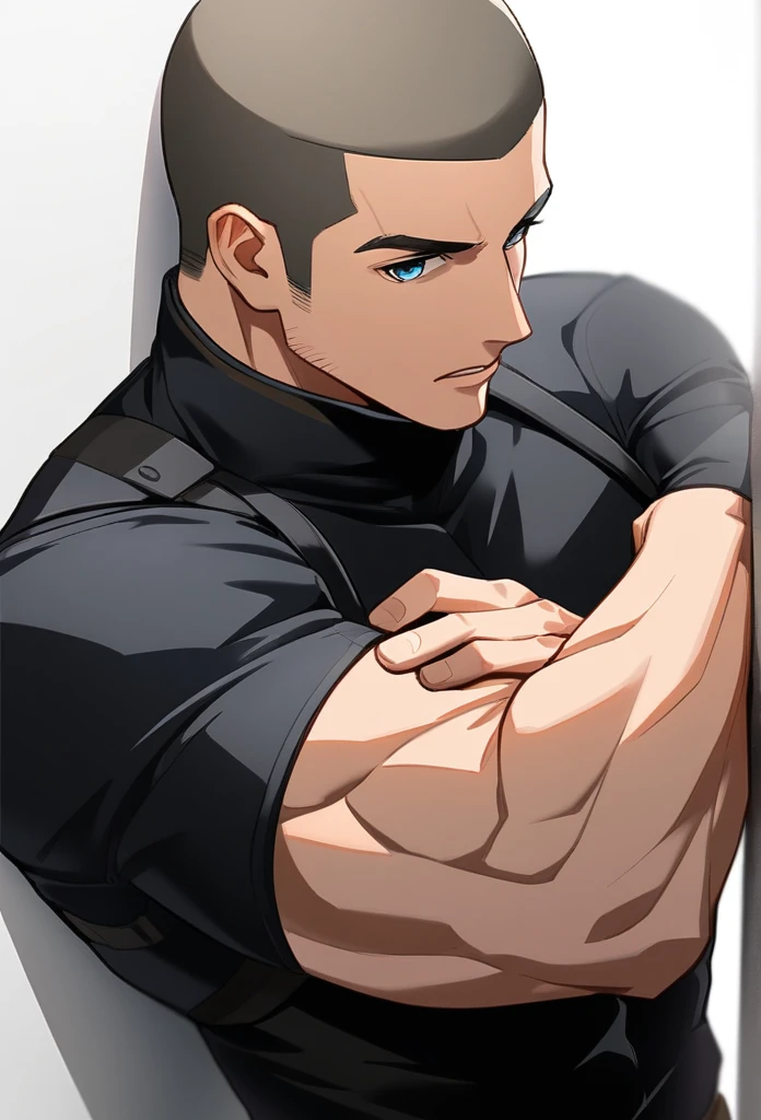 1boy, male focus, head against the wall, facing, head thrown back, muscular male, muscular, bara, defined abs, upper body, solo, crossed arms, serious, very short hair, buzzcut, stubble, light brown hair, clear blue eyes, parted lips, black turtleneck outfit, black cargo pants, bottom-up view camera, white background, simple background, best quality, amazing quality, best aesthetic, absurdres, year 2023