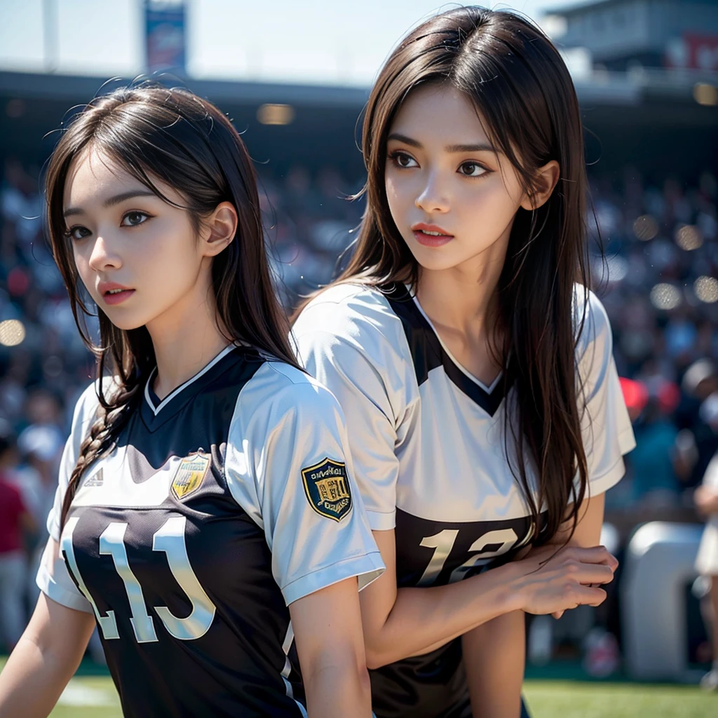 (8K、Top quality、masterpiece:1.2)、(realism、Photorealistic:1.37)、Extremely detailed、Top quality、Ultra-high resolution、Professional lighting、Photon Mapping、Radio City、Physically Based Rendering、light、play soccer、Depth of Field,Focus,Sunlight,Well structured,(Background blur:1.2),1 girl,(whole body),(shut your mouth),beautiful eyes,Obscene pose,Zoom out,Football Jersey,Dark brown hair,Beautiful straight hair, High body、Sweaty beauty、Full breasts、Beautiful woman in Football Jersey、Sexy and hot、Realistic photos、football field、Exquisite facial details、Beautiful and perfect
