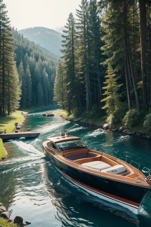A luxury boat on a river in the middle of the forest