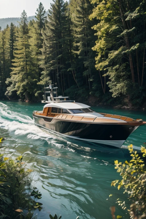 A luxury boat on a river in the middle of the forest