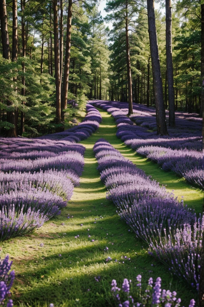 Forest with purple flowers on the ground
