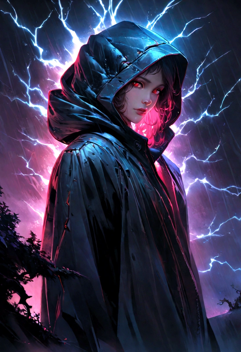 masterpiece, cyborg, The body is a mechanic, Wearing a hood, Shrouded in shadow, , Positano colours, Completely in frame, whole body, Emits electrical energy, whole body, Beautiful anime waifu style man, Ultra-detailed CG paintings, Luminism, Art by Kahn Griffith and Vadim Kashin Concept Art, 8K resolution, Fractal isometric details Bioluminescence , complicatedly detailed , Cinematic, trending on art station Isometric Centered hyper Realistic cover photo awesome full color, Grainy, Realistic, complicated, Hit definition , Cinematic, Bold, Vibrant, amazing, Super high quality model、Being pelted by rain in the dark、Controlling Lightning、Red eyes