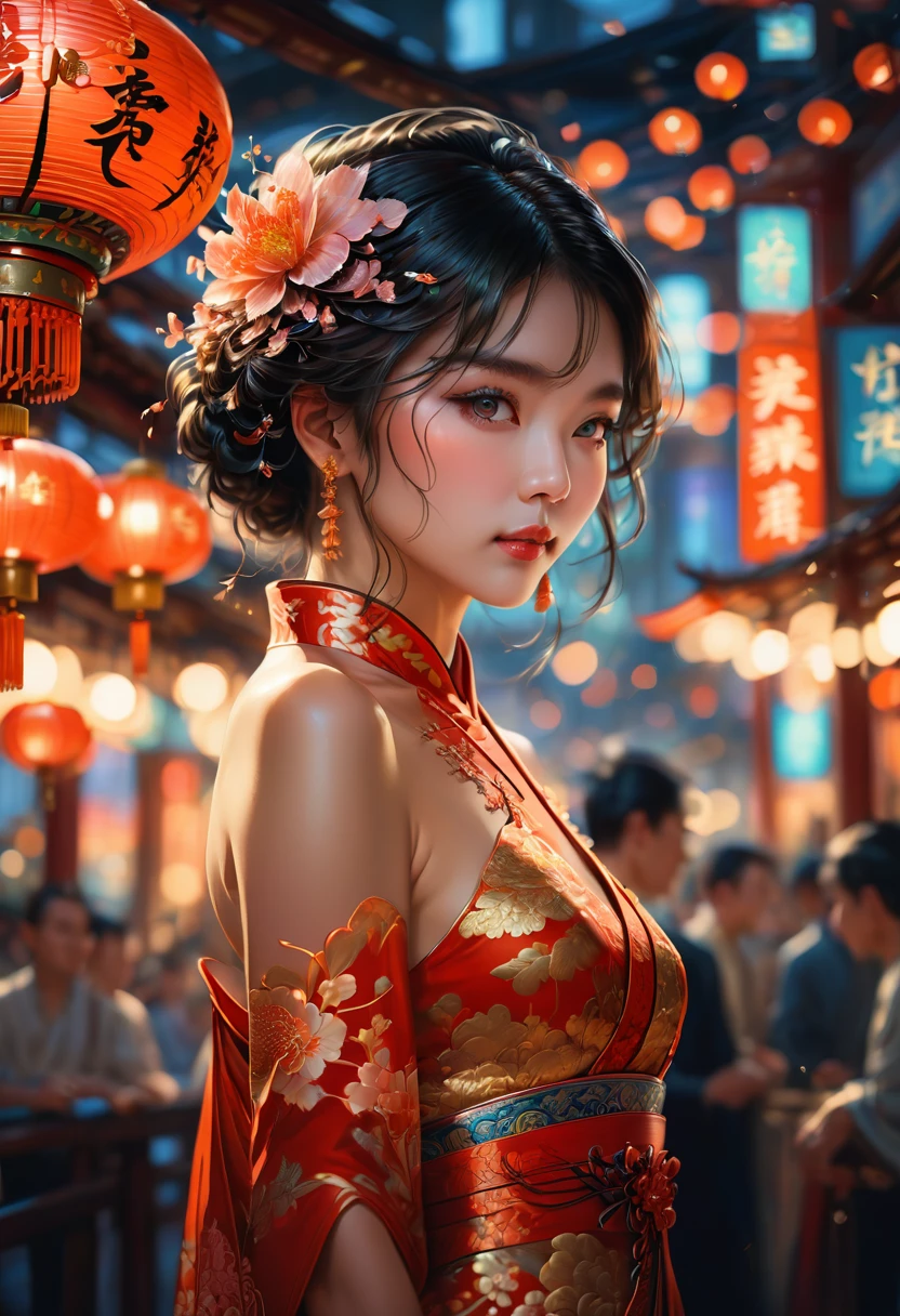 Cheongsam, by Drew Struzan, RAW photo, 35mm photograph, bokeh, best quality, masterpiece, very aesthetic, perfect composition, intricate details, ultra-detailed