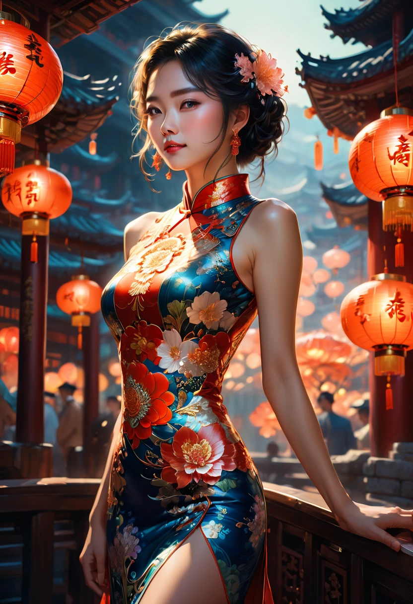 Cheongsam, by Drew Struzan, RAW photo, 35mm photograph, bokeh, best quality, masterpiece, very aesthetic, perfect composition, intricate details, ultra-detailed