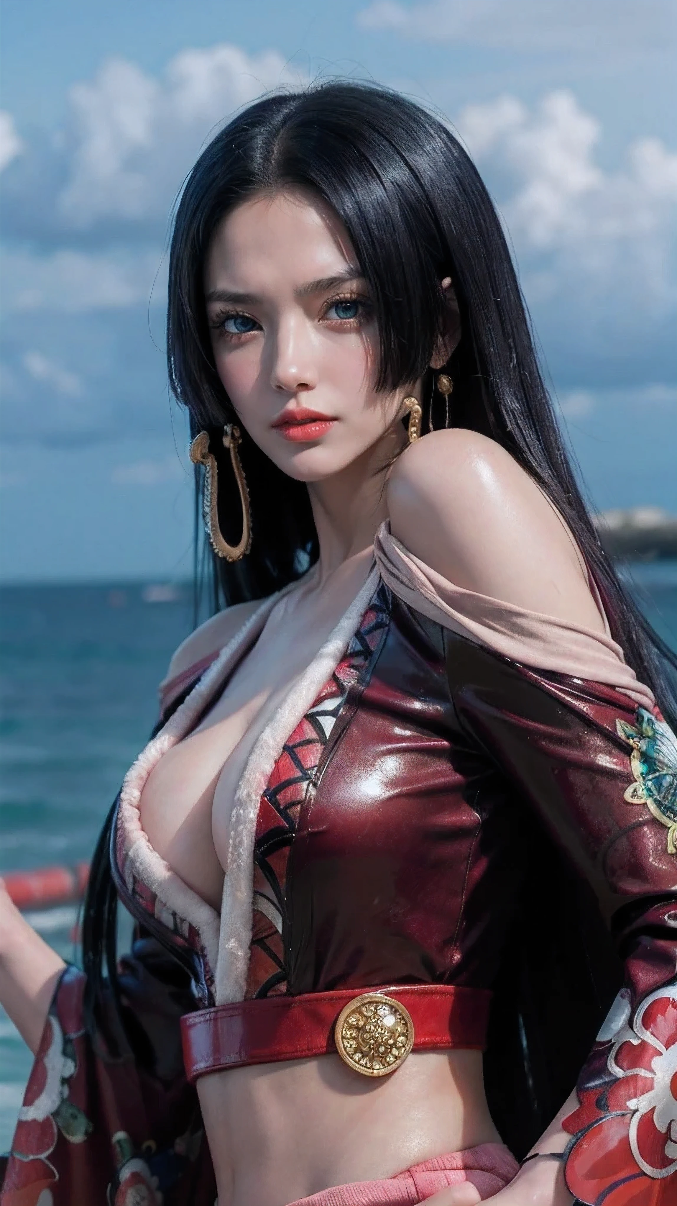 a person with long hair, red kimono, boa hancock, boa hancock from anime one piece, as an anime character, perfect anime face, she has black hair with bangs, female anime character, anime character, anime best girl, hime cut hairstyle, black hair, (red glossy lips:1.3), blue eyes, smile, sea background, (beautiful face:1.3)