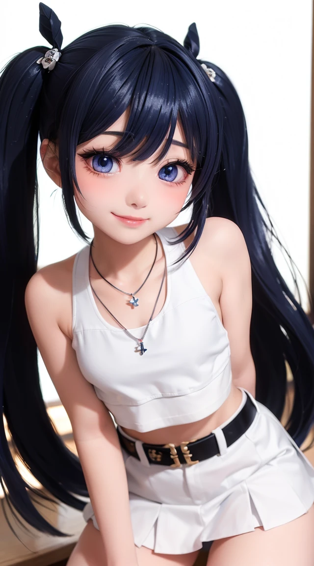 (masterpiece:1.3), (Best Quality:1.3), (Ultra-detailed:1.2), ((kawaii)), Cute, (lovely), ((sexy)), ((Extremely detailed)), 4K, (8K), Best Quality, (Beautiful), Illustration, anime style, (bold line:1.2), Gradation, looking at viewer, //, (bent down:1.1), (arms behind back), //, a cute girl, 1girl, (solo:1.2), gleaming skin, //, (flat chested), (Perfect eyes:1.2), (Perfect iris:1.2), //, darkblue hair color, (beautiful eyes) //, (half closed eyes:1.3), (sexual expression:1.2), Fascinated expression, smile, (blush:1.2), //, modern city background, on rock, twin tails, muscle girl, hard abs, exposed abs, NECKLACE, tight blouse, skirt