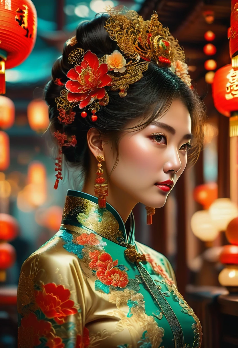 Cheongsam, by Peter Lindberg, RAW photo, 35mm photograph, bokeh, best quality, masterpiece, very aesthetic, perfect composition, intricate details, ultra-detailed