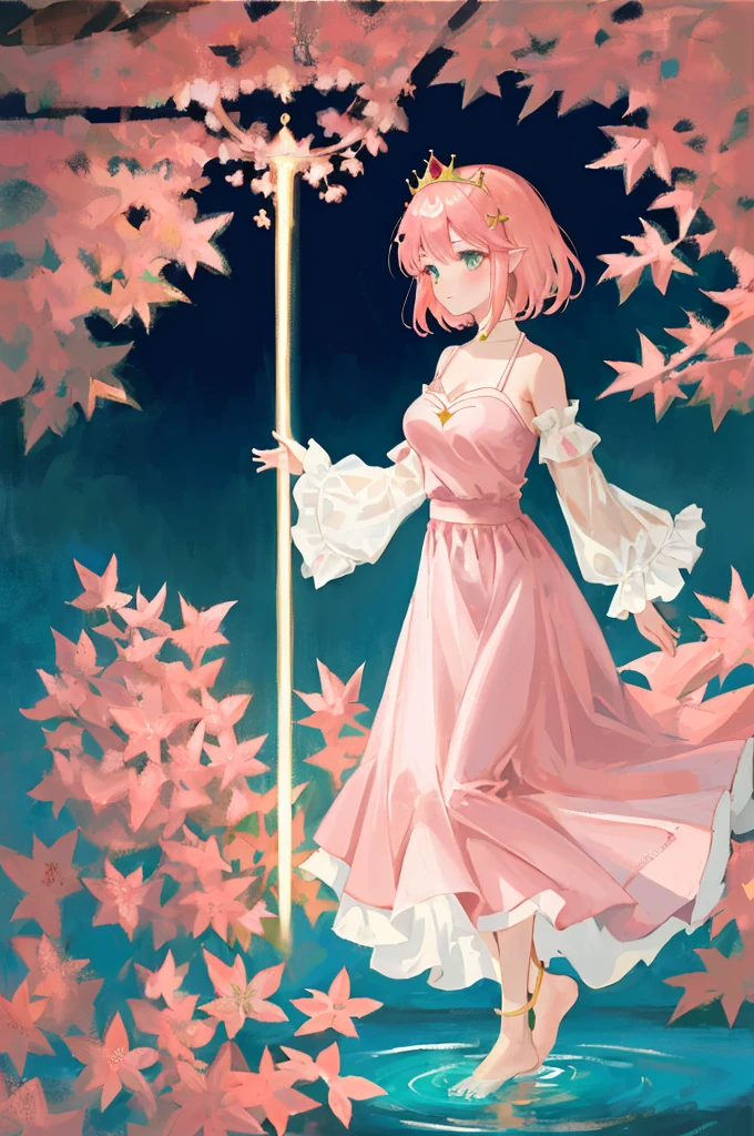 ((best quality)), ((masterpiece)), (detailed), 1 girl, anime girl, ((axolotl girl)), monster girl, blush, gentle smile, pink hair, ((princess dress)), flowing dress, exposed shoulders, underwater background, ((large breasts)), floating pose, teal eyes, beautiful, {intricate outfit}, ((absurdres)), front view, tiara, barefoot, anklet, transparent sleeves, long sleeves, (delicate illustration), white dress with pink and gold accents