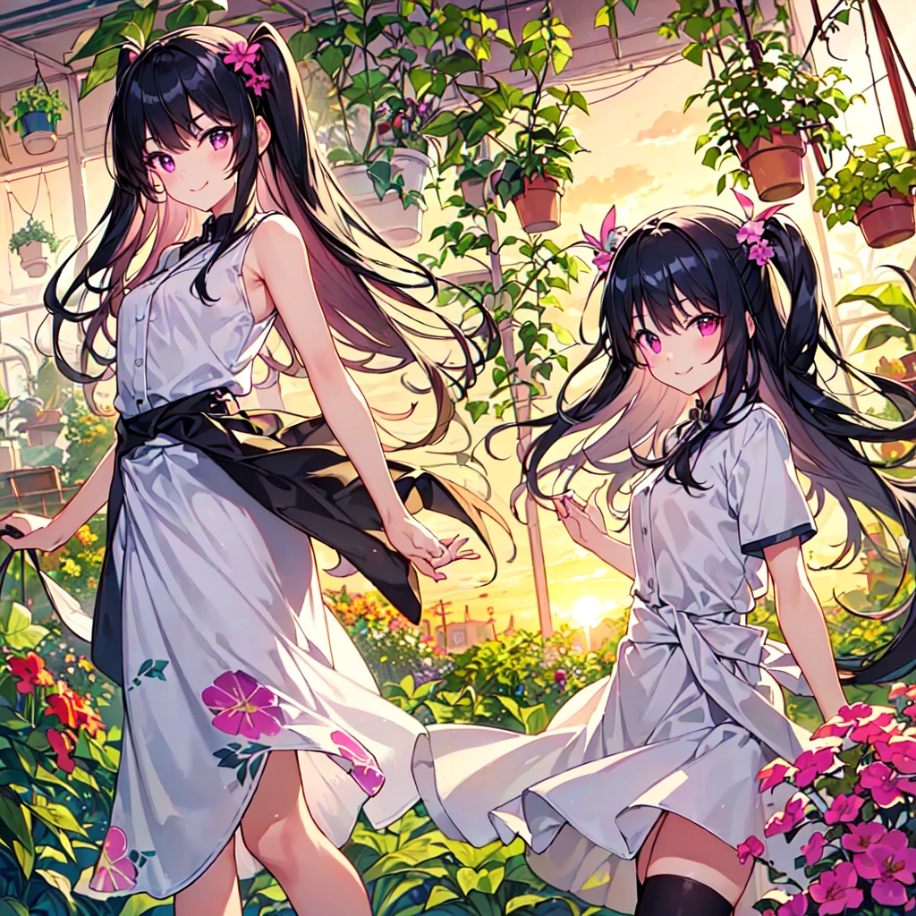 masterpiece, best quality, high quality, extremely detailed, very delicate and beautiful, (1 female 18 years old alone solo:1.2), (long black hair up to waist with two side up:1.4), bangs to eyebrows, eyes (eyes sharp, strong, glossy, glossy eyebrows), (eye color magenta:1.3), 6.5 head height, (houseplant print fashion:1.3), knee socks, (smiling), (standing), (dynamic pose), (botanical garden with lots of houseplants in background:1.5), (sunset:1.2)
