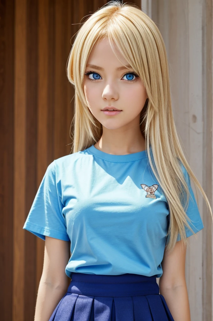 Anime Girl Blond Hair Blue eyes withe t-Shirt and a withe skirt