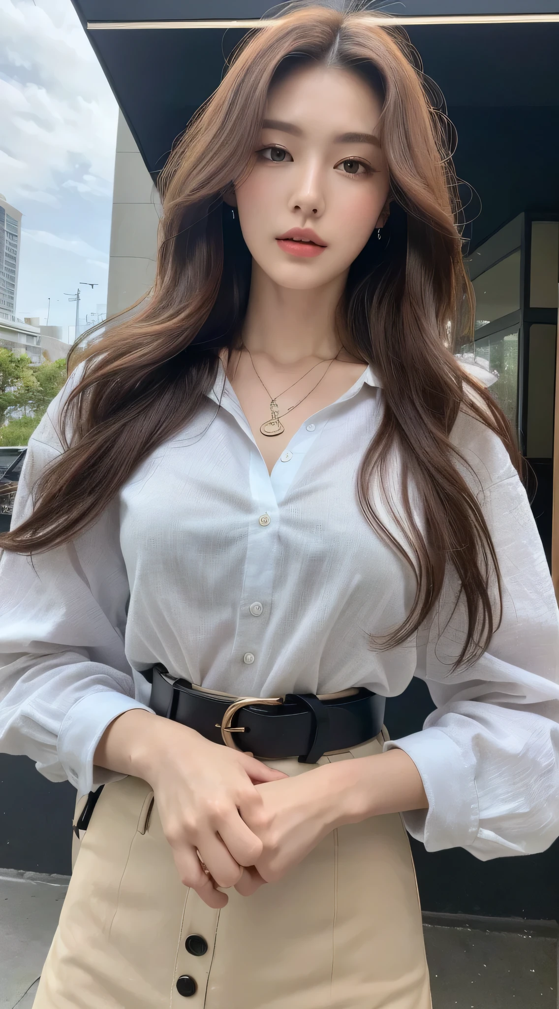 (Best quality, High resolution, Masterpiece :1.3), A tall and pretty woman, Slender abs, Dark brown hair styled in loose waves, Breasts, Wearing pendant, White button up shirt, Belt, Black skirt, (Modern architecture in background), Details exquisitely rendered in the face and skin texture, Detailed eyes, Double eyelid
