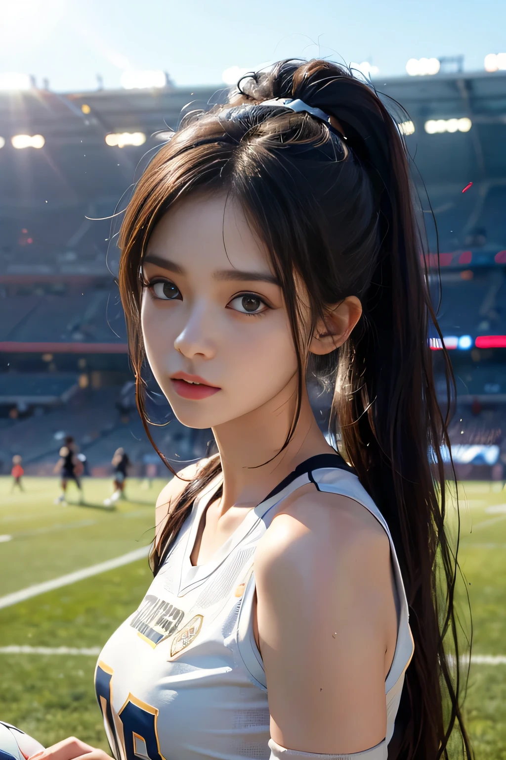 <lora:add_detail:0.6>,<lora:breastinclassBetter:0.6>, <lora:marnie_v1:0.7>, masterpiece, best quality, absurdres, anime, perfect antomy, (realistic, highly detailed), anime, composition of hmmarnie, 1girl, aqua eyes, asymmetrical bangs, asymmetrical hair, bangs, bare arms, bare shoulders, black choker, black hair, blush, breasts, chain-link fence, choker, clothes writing, collarbone, earrings, fence, hair ribbon, jewelry, long hair, from left side, looking at viewer, camera focus on butt, marnie \(pokemon\), medium hair, midriff, navel, stadium, parted lips, red ribbon, ribbon, pants, small breasts, solo, patterned sports bra, form fitting sportswear, black leggings, stadium, twintails, 18 year old female,bubble butt, pubis mons, camel toe, erected nipples, highly detailed hair, highly detailed face, SFW