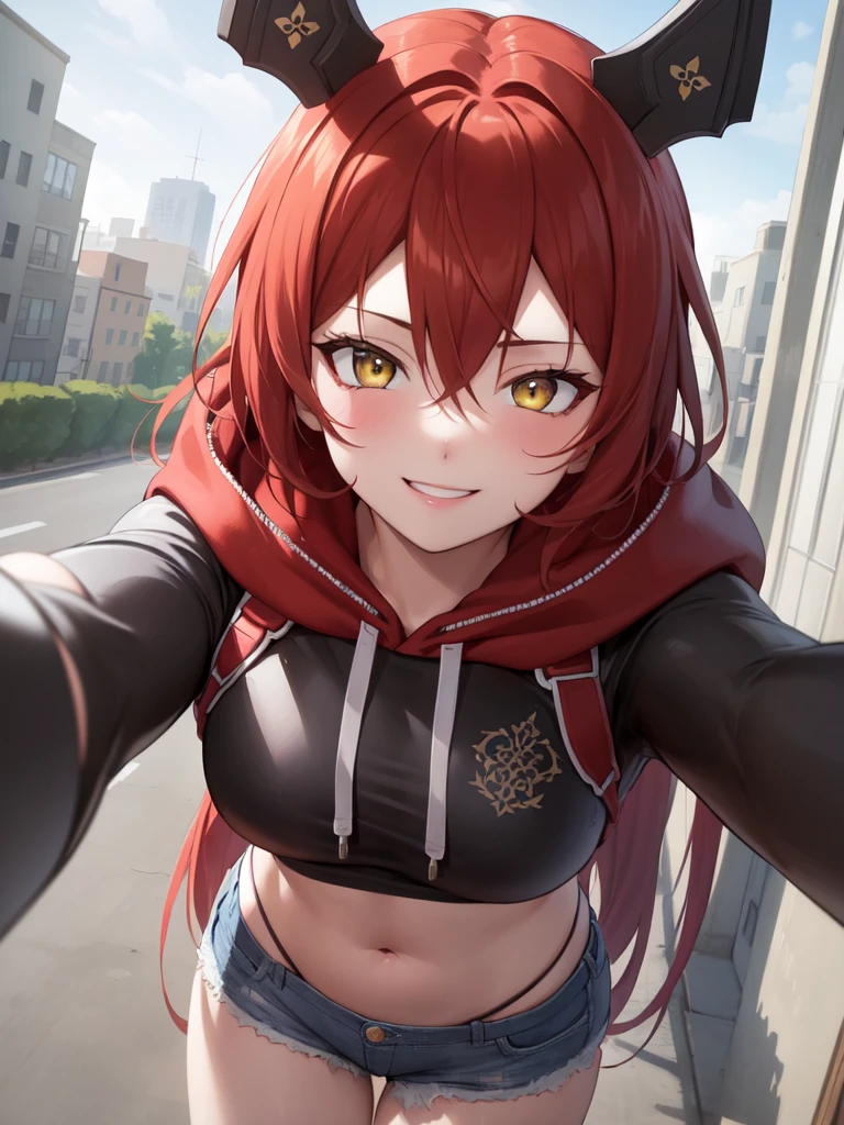 (masterpiece), best quality, intricate details, ultra details, ultra quality, rule of third, (looking at viewer), detailed face, detailed iris, glossy lips, 1girl, solo, long hair, yellow eyes, hair between eyes, red hair, (hair intakeangs, (top third shot), streetwear, hoodie, jean shorts, navel, modern city streets, smile, ntricate angle, detailed, intricate, looking to viewer, focus on face, (shot from above),