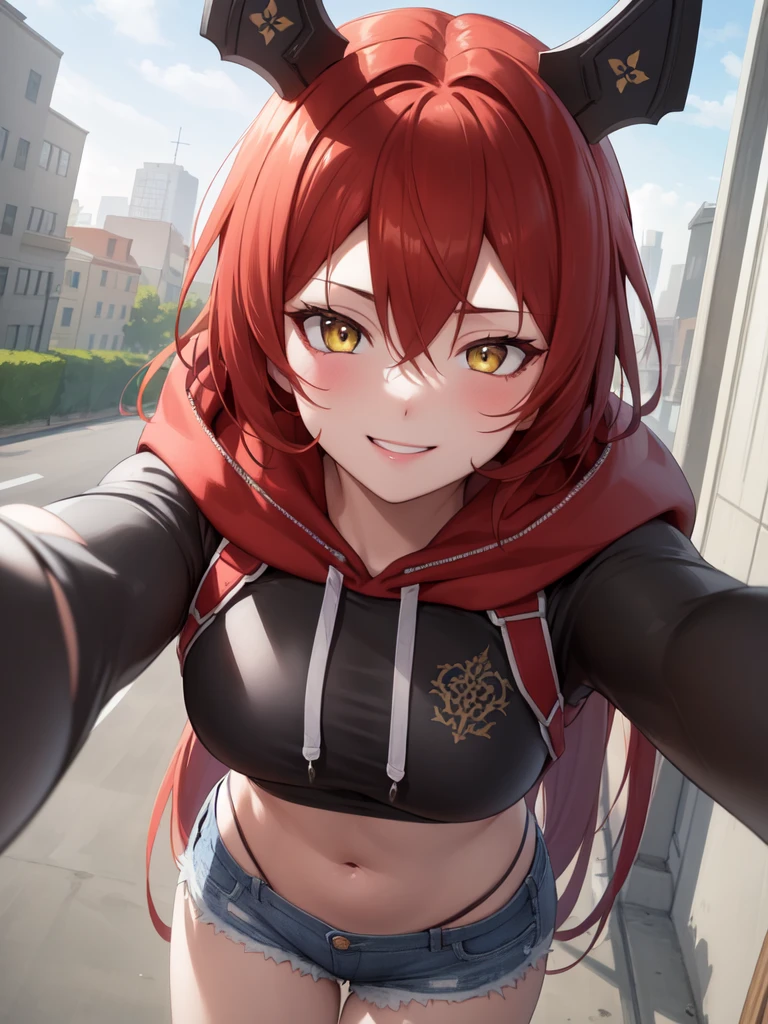 (masterpiece), best quality, intricate details, ultra details, ultra quality, rule of third, (looking at viewer), detailed face, detailed iris, glossy lips, 1girl, solo, long hair, yellow eyes, hair between eyes, red hair, (hair intakeangs, (top third shot), streetwear, hoodie, jean shorts, navel, modern city streets, smile, ntricate angle, detailed, intricate, looking to viewer, focus on face, (shot from above),