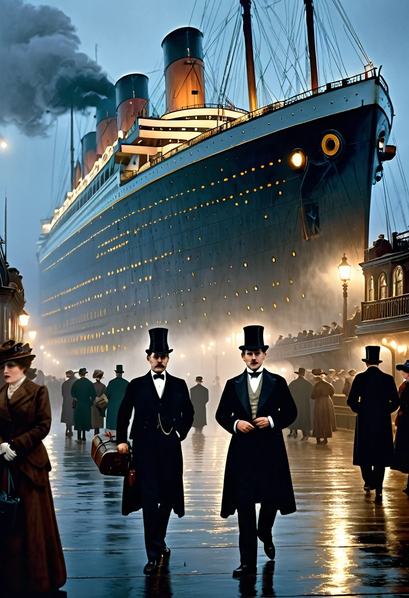 Victorian-era upper class scene, foggy nighttime dock, massive ocean liner RMS Titanic in background, well-dressed English ladies and gentlemen walking and waiting to board, dim lighting from lamps on dock, solemn gloomy atmosphere, intricate period clothing and architectural details, cinematic compositionPhotorealistic render, RMS Titanic moored at Southampton docks before maiden voyage, 1912, upper crust ladies in ornate hats and fur stoles with gentlemen in evening tailcoats and top hats, atmospheric fog and dim lighting from dockside lamps, people carrying luggage, excited yet somber mood, incredible detail