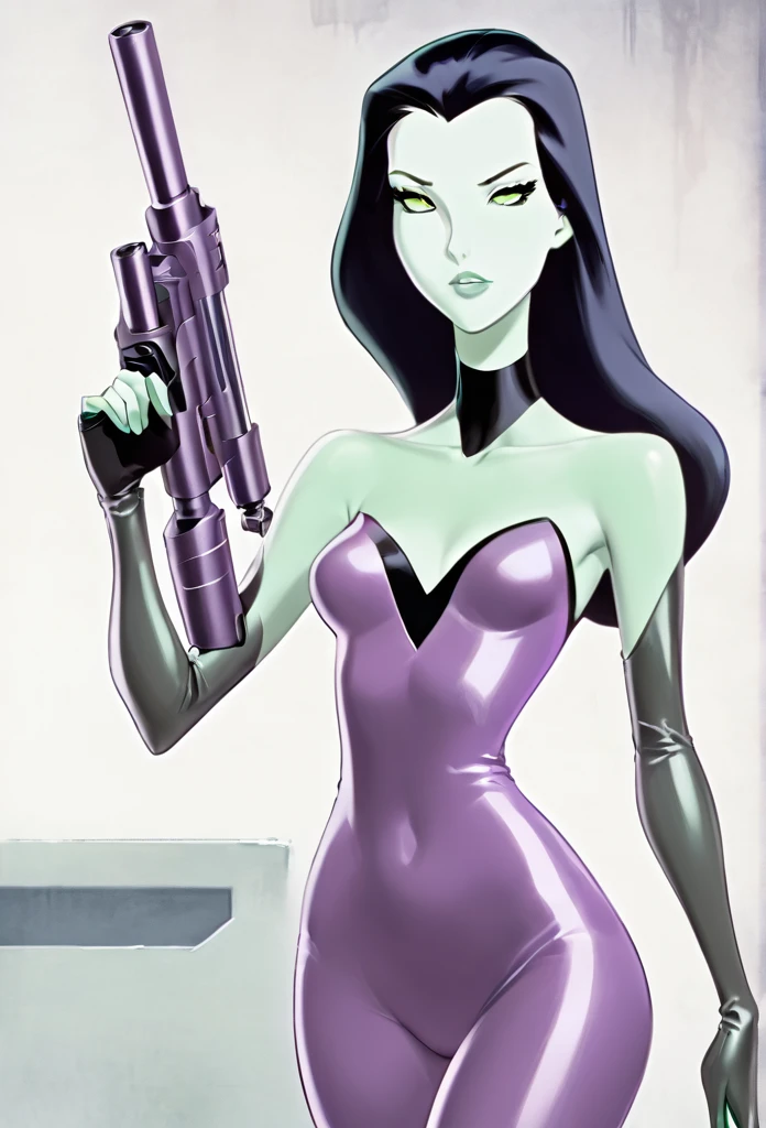 cartoon thin woman, long neck, long black hair, pale green skin, wearing a v-neck purple sci-fi body suit .. she is armed with an arm cannon, on her suit by her waist are some small gray circles