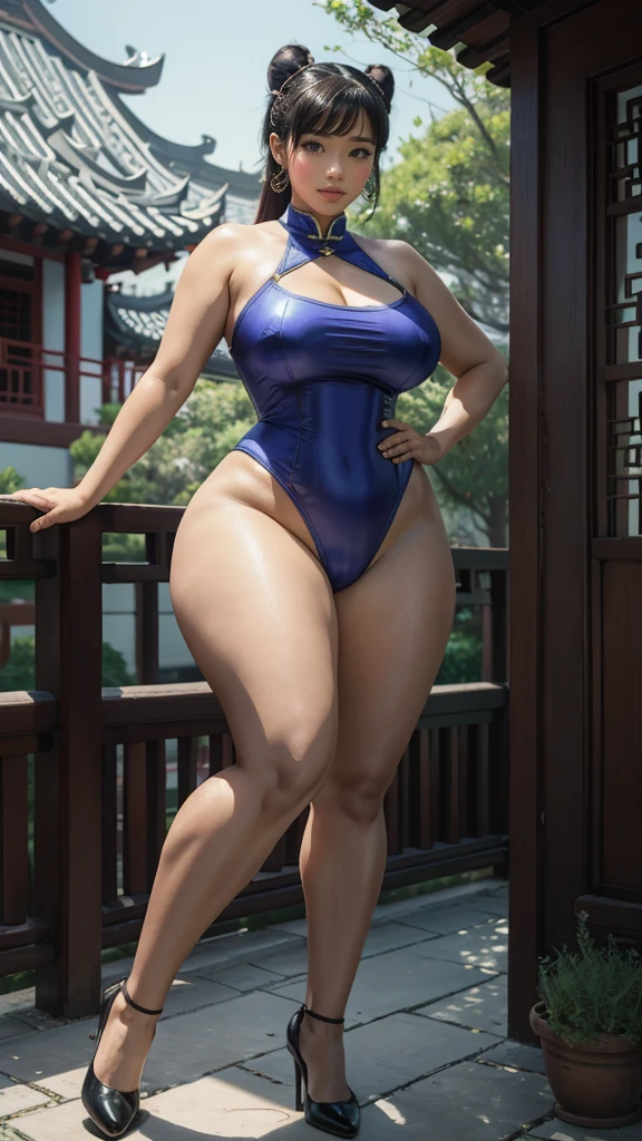 Chunli, wide hips, curvy, long legs, beautiful eyes, beautiful, full body, thick high, sexy chunli costum, pawg , long legs ,Chinese house background