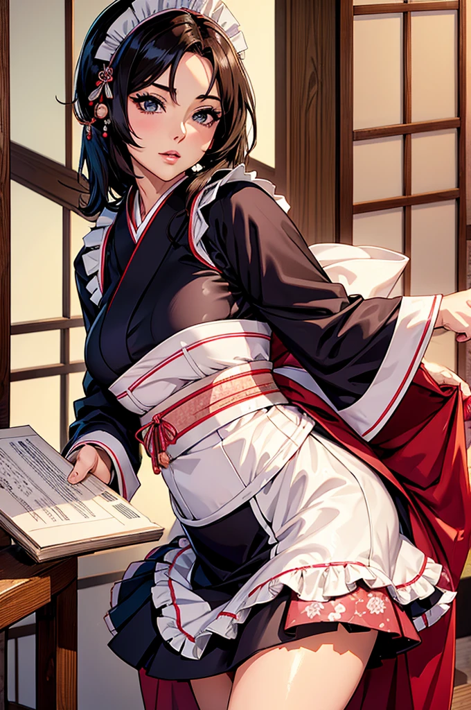 Mature Woman,(((Sexy Japanese maid))),(kimono,Maid clothes,Maid's Headband,garter belt,White Stockings),(Detailed Description, High resolution,8k wallpaper,masterpiece,Highest quality,Depth of region,Anatomically accurate depiction,A face with attention to detail, Eye for detail,Nice hands, Perfect Fingers,eyelash,(Brightly glowing purple eyes,(There is cleavage in the chest,Big Breasts,Black Hair),Perfect body,Depict the whole body,