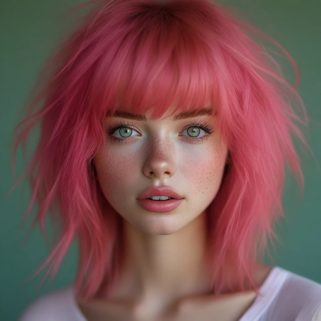 bellissima 1girl, solo, long hair, looking at viewer, bangs, simple background, green eyes, pink hair, parted lips, teeth, lips, eyelashes, messy hair, portrait, close-up, freckles, realistic