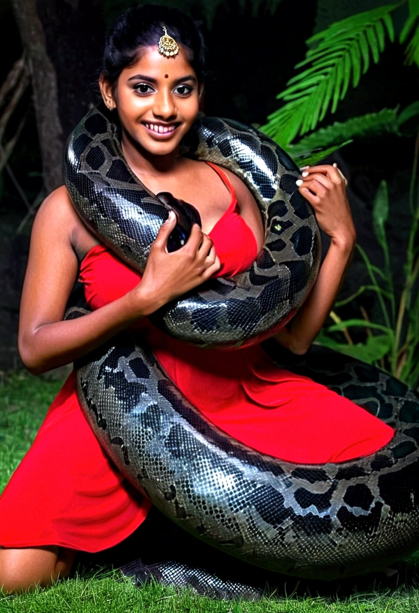 Happy Horny, aroused 1girl), beautiful kneeling indian thick young girl with giant colossal black titanboa squeezing her hard, wrapped in thick spiraling coils, constricted, struggle, gasping for air, snake attack, snake peril, moonless night, dim light