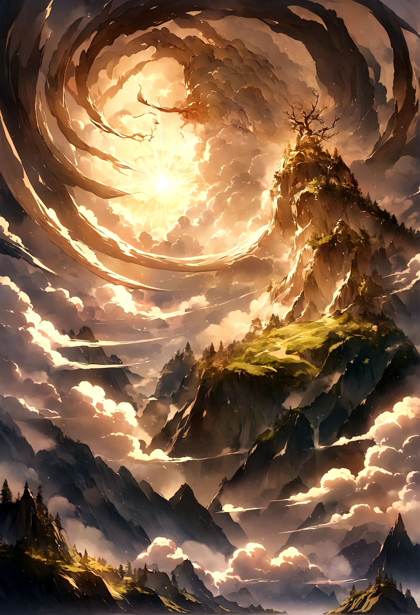 A magnificent mountain,Clouds and mist,The sun shines through the clouds,Smoky,Looks like a fairy