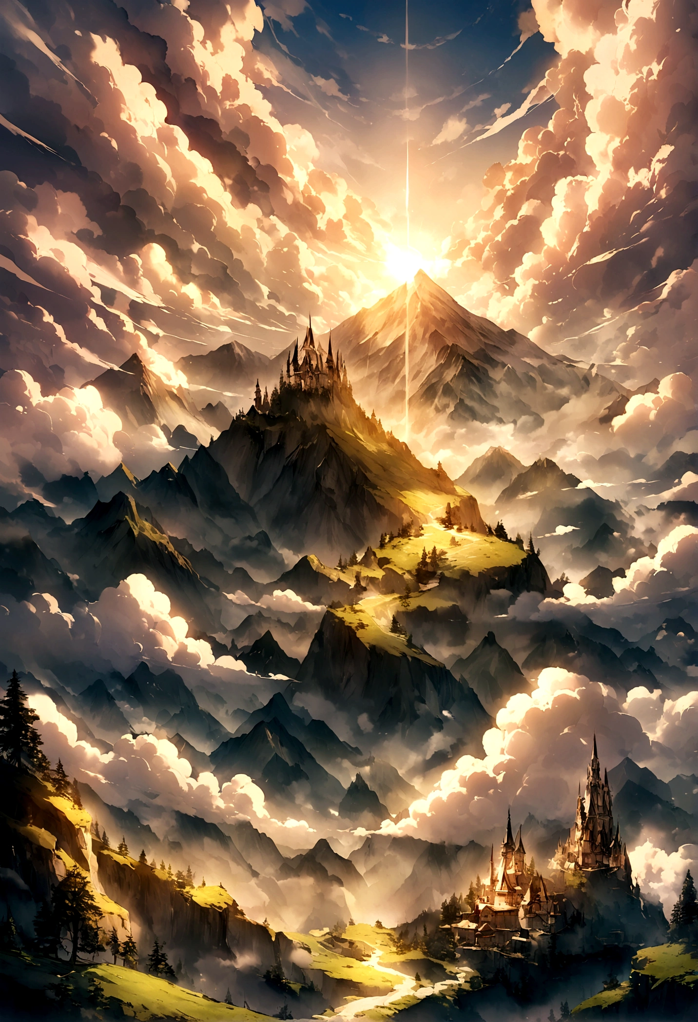 A magnificent mountain,Clouds and mist,The sun shines through the clouds,Smoky,Looks like a fairy